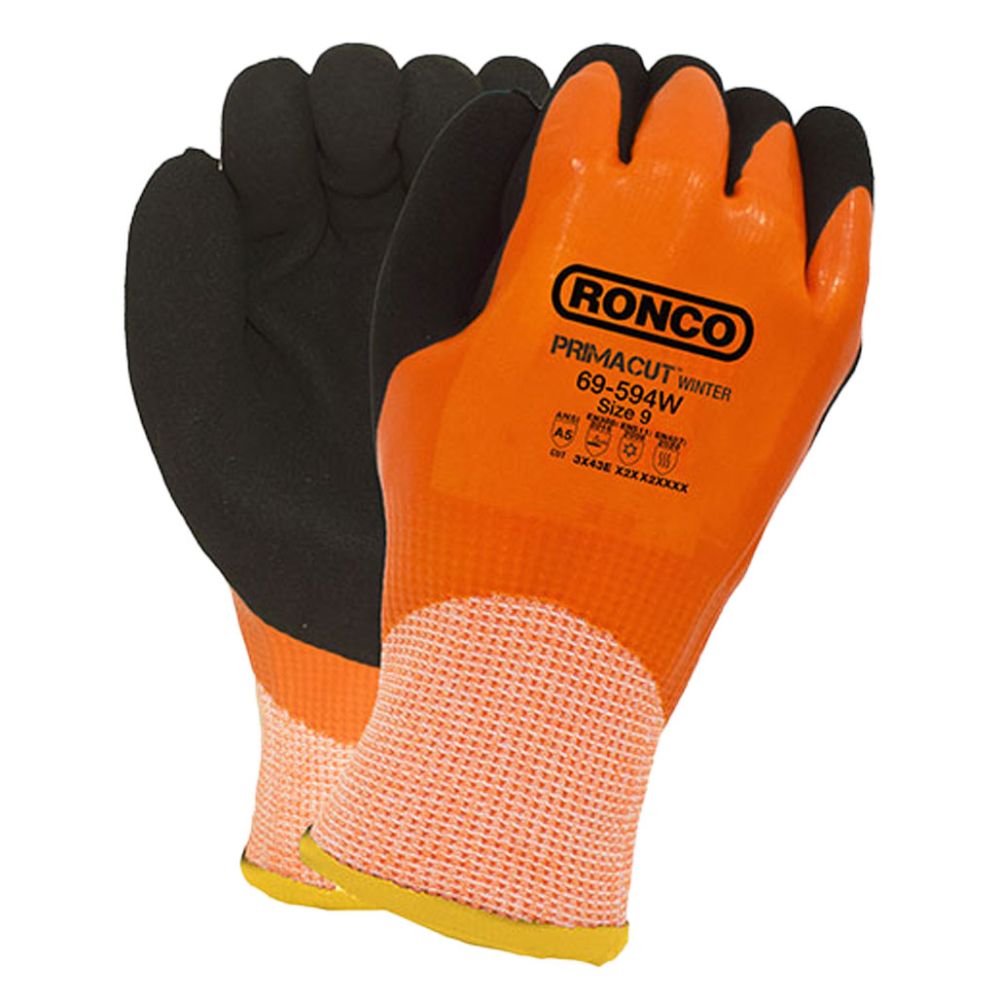 Ronco PrimaCut Winter black latex coated cut-resistant insulated gloves, hi-vis orange, size 9, ANSI A5