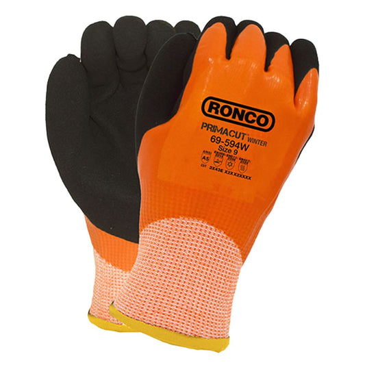 Ronco PrimaCut Winter black latex coated cut-resistant insulated gloves, hi-vis orange, size 9, ANSI A5