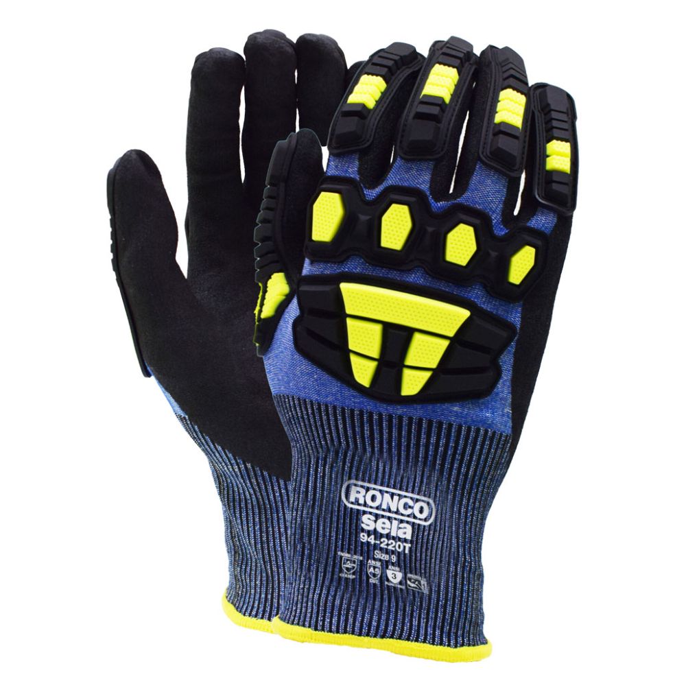 Ronco Sela cut and impact resistant gloves, black nitrile palm, TPR back protection, blue hi-vis yellow, size 9, ANSI A5