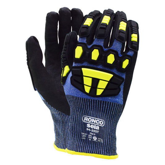 Ronco Sela cut and impact resistant gloves, black nitrile palm, TPR back protection, blue hi-vis yellow, size 9, ANSI A5
