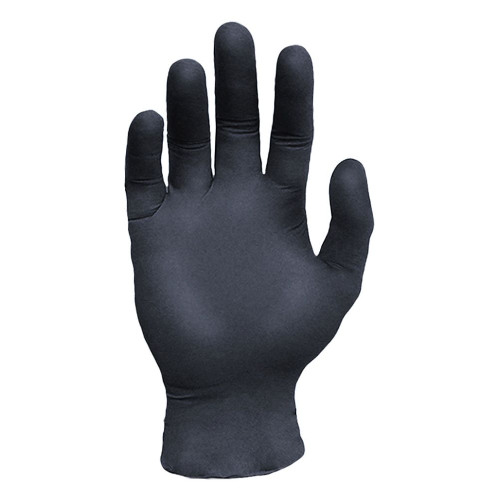 Front view of a single Ronco Sentron 6 heavy-duty black nitrile examination glove showing a textured surface layout