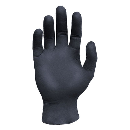 Front view of a single Ronco Sentron 6 heavy-duty black nitrile examination glove showing a textured surface layout