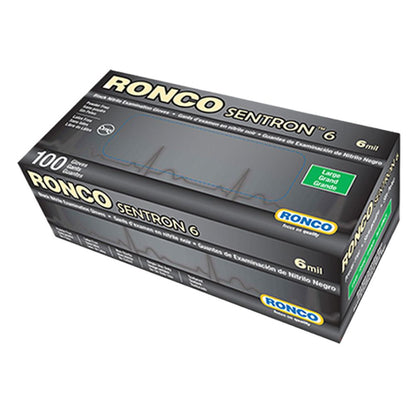 A black and silver 100-count dispenser box of Ronco Sentron 6 mil heavy-duty black nitrile examination gloves in size Large