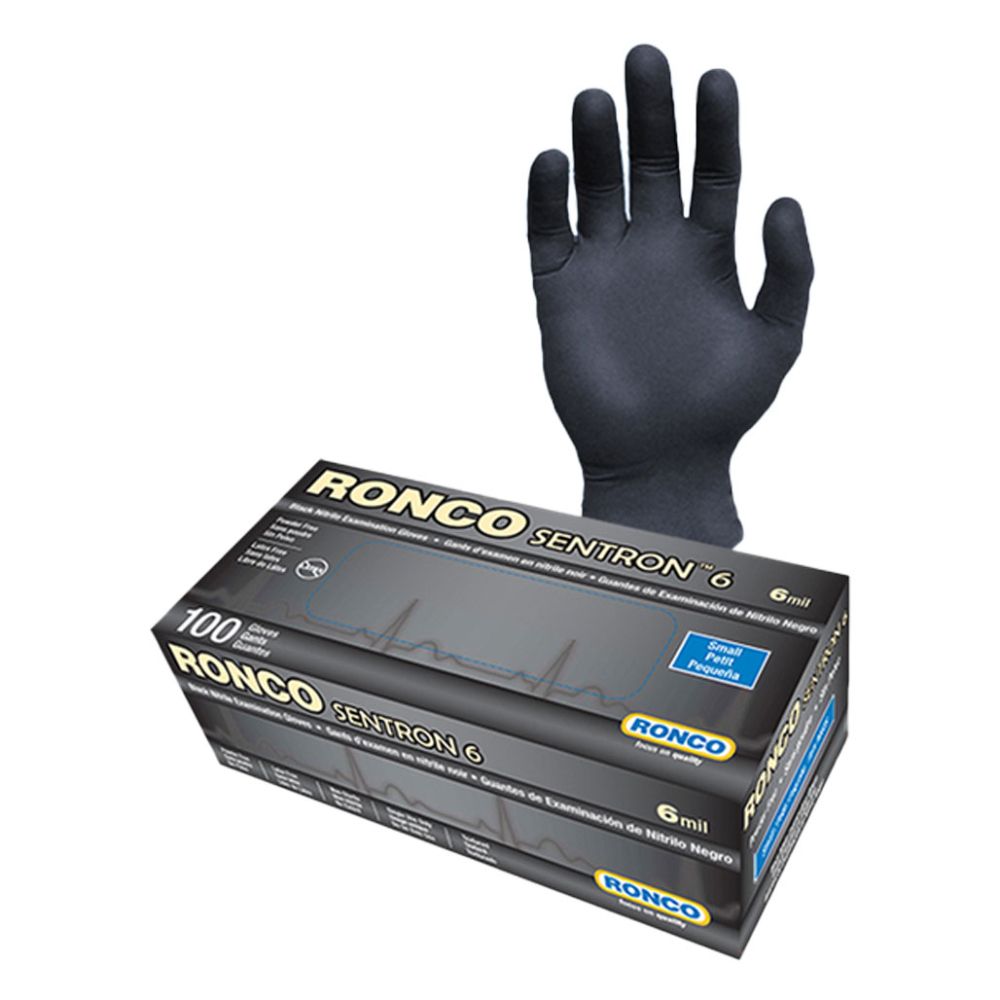 A single small-sized black nitrile examination glove positioned behind a Ronco Sentron 6 mil 100-count dispenser box