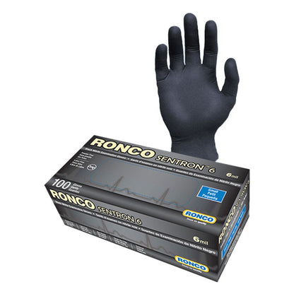 A single small-sized black nitrile examination glove positioned behind a Ronco Sentron 6 mil 100-count dispenser box