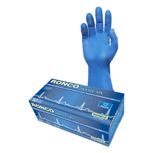 Ronco Silktex XPL blue powder-free latex examination gloves with dispenser box, small, 50-count