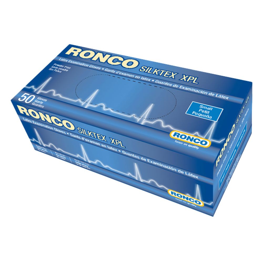 Ronco Silktex XPL powder-free latex examination gloves dispenser box, small, 50-count