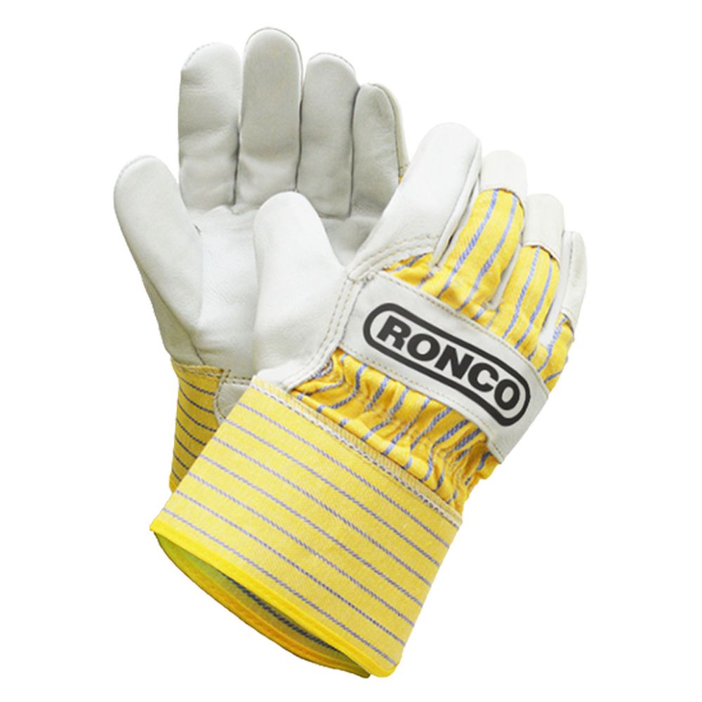 Ronco Wrangler's natural grain leather fitter gloves with striped cotton canvas cuff, large