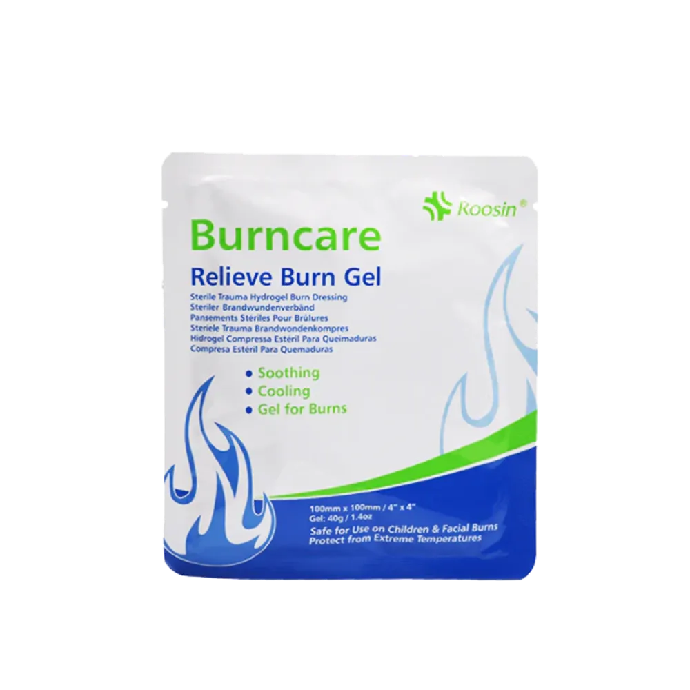 Front view of a sterile Burn FSBURND4X4 Dressing pouch by Roosin, labeled as 100mm x 100mm (4" x 4") with soothing and cooling properties.