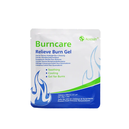 Front view of a sterile Burn FSBURND4X4 Dressing pouch by Roosin, labeled as 100mm x 100mm (4" x 4") with soothing and cooling properties.
