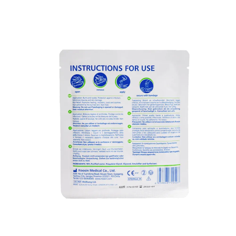Back of the Burn FSBURND4X4 Dressing packaging showing multi-language instructions for use: open, remove, apply, and secure with bandage.