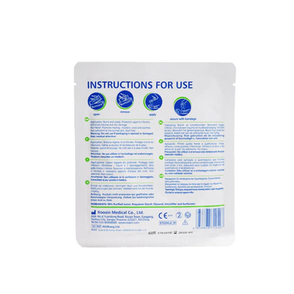 Back of the Burn FSBURND4X4 Dressing packaging showing multi-language instructions for use: open, remove, apply, and secure with bandage.