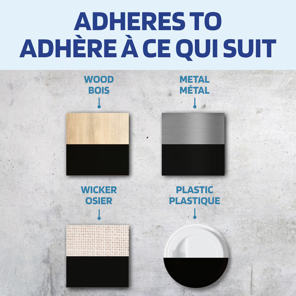 Infographic guide detailing surface adhesion compatibility for wood, metal, wicker, and plastic materials.