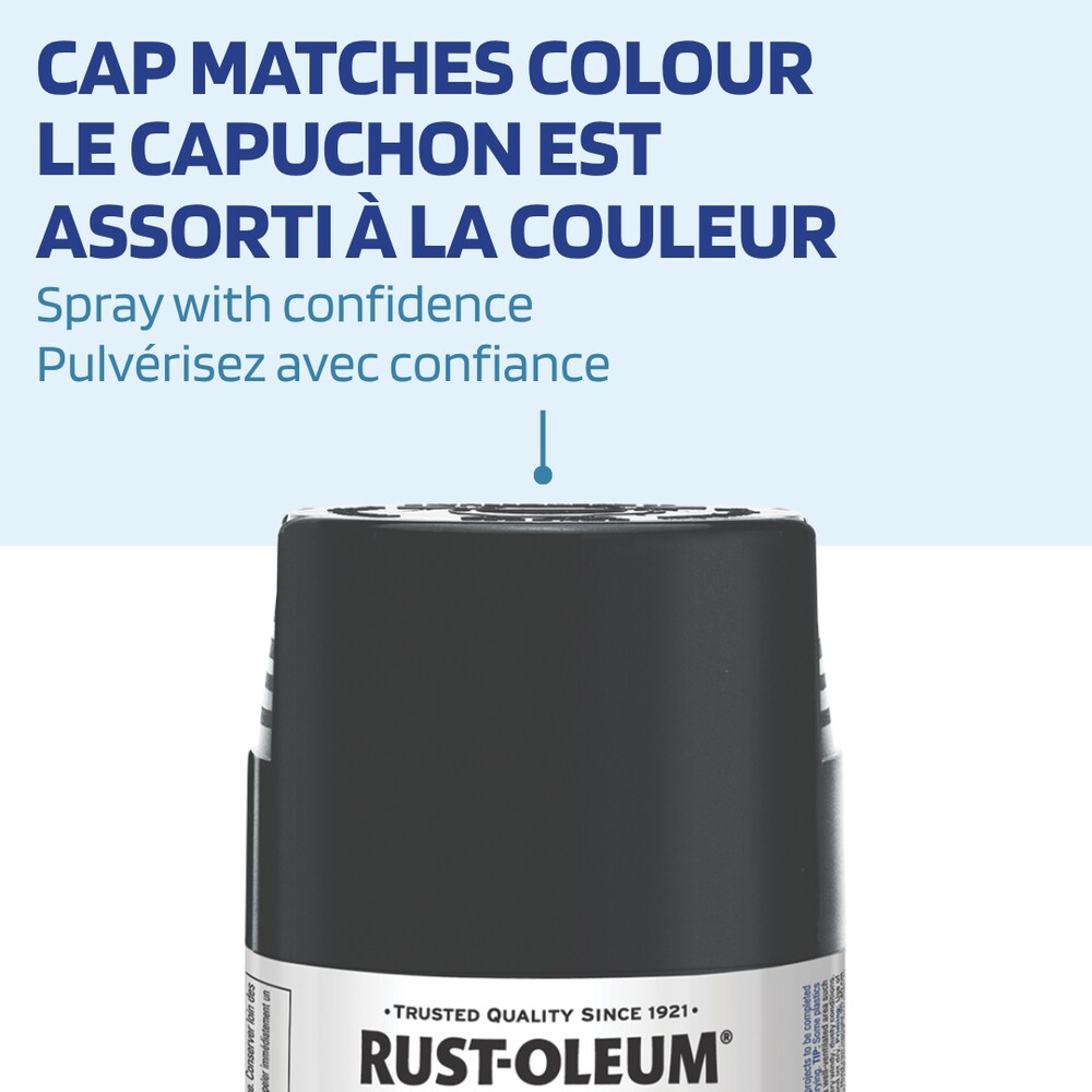Product infographic focusing on the matte black spray paint cap with English and French text highlighting that the cap matches the internal paint color.