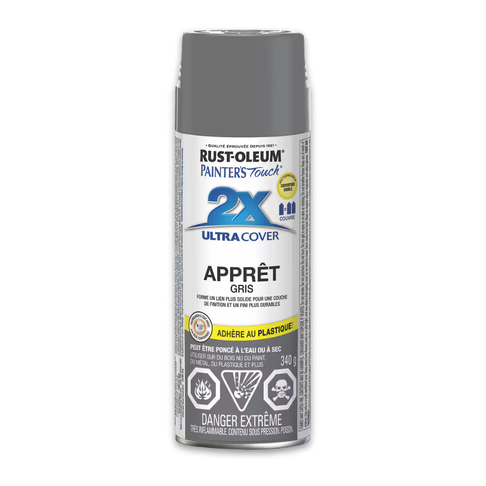 Front view of Rust-Oleum Painter's Touch 2X Ultra Cover primer spray paint in grey featuring French product text reading Apprêt Gris.