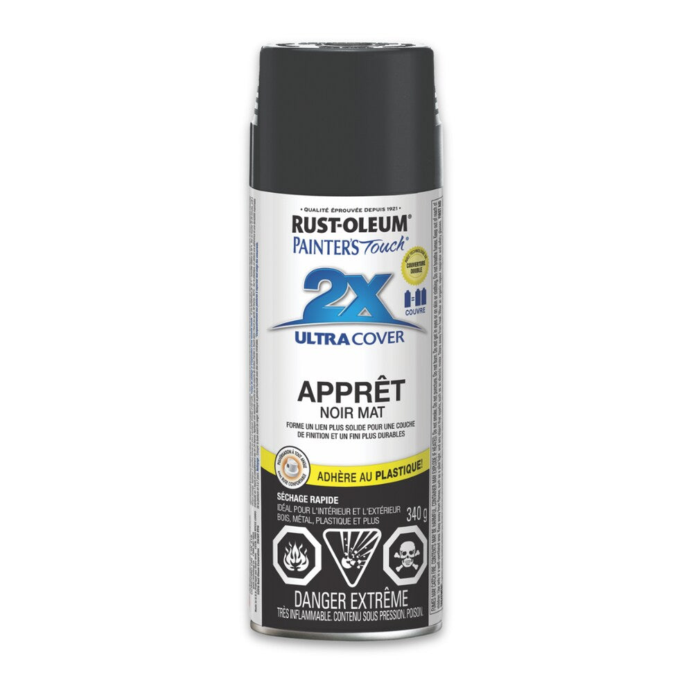 Front view of Rust-Oleum Painter's Touch 2X Ultra Cover primer spray paint can featuring French labeling for Apprêt Noir Mat.