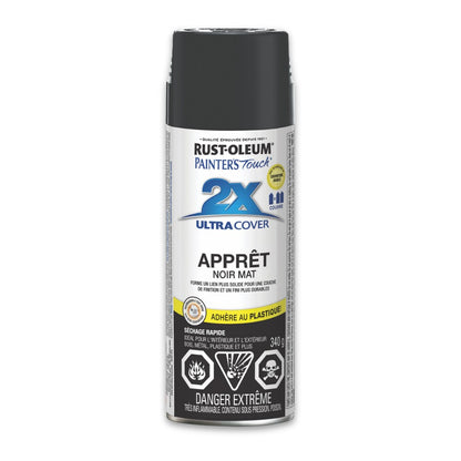 Front view of Rust-Oleum Painter's Touch 2X Ultra Cover primer spray paint can featuring French labeling for Apprêt Noir Mat.