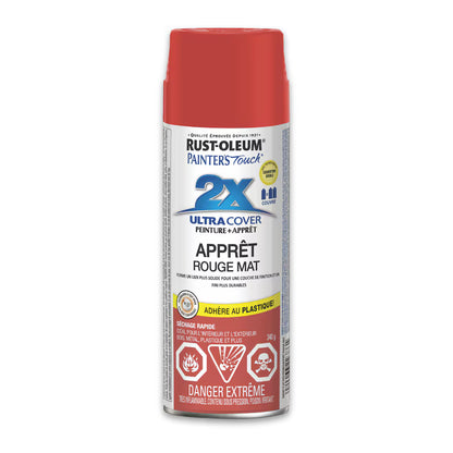 Front view of Rust-Oleum Painter's Touch 2X Ultra Cover primer spray paint with French labeling reading Apprêt Rouge Mat.