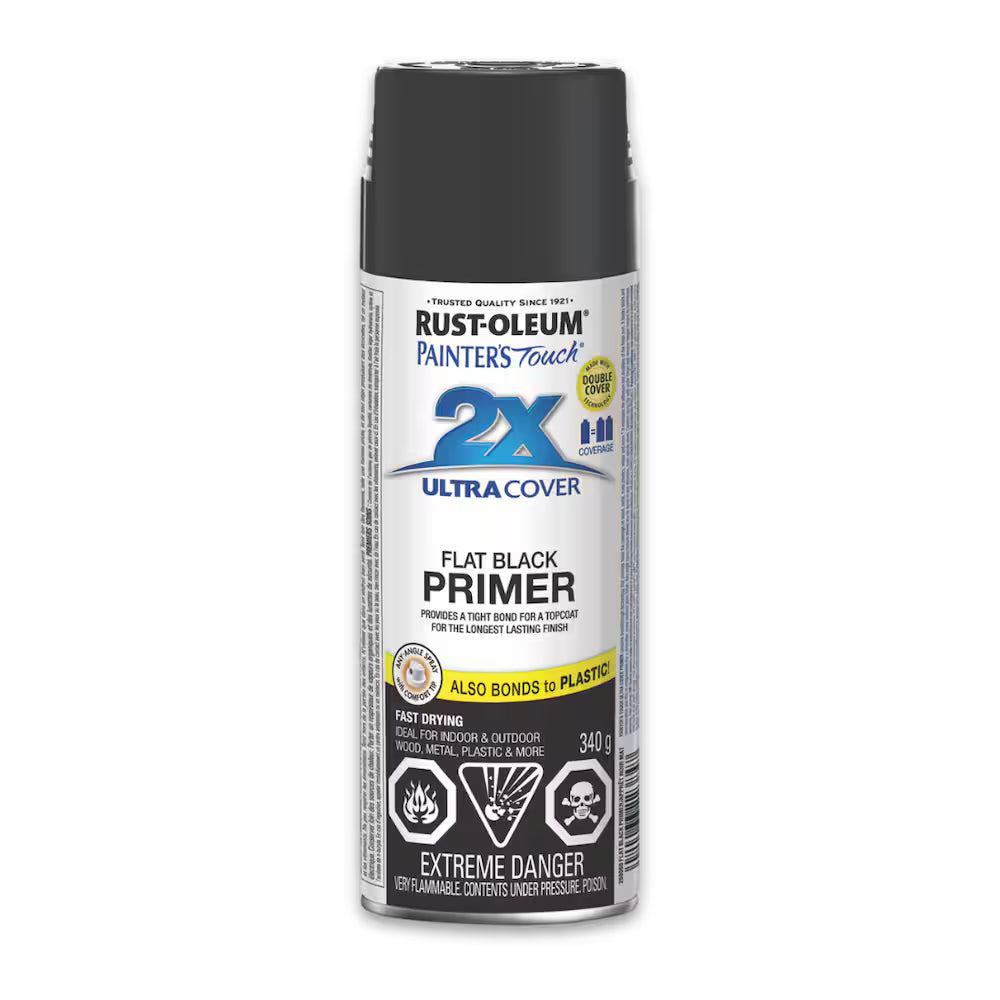 Front view of a 340g spray can of Rust-Oleum Painter's Touch 2X Ultra Cover Flat Black Primer with English product information.