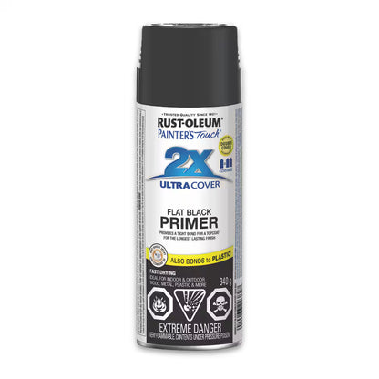 Front view of a 340g spray can of Rust-Oleum Painter's Touch 2X Ultra Cover Flat Black Primer with English product information.