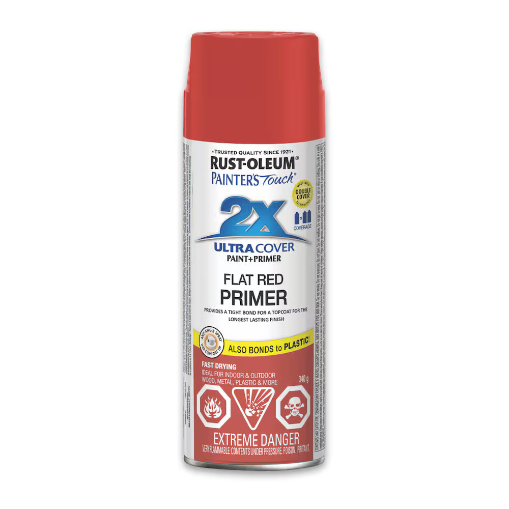 Front view of a 340g spray can of Rust-Oleum Painter's Touch 2X Ultra Cover Flat Red Primer with English branding and warning labels.