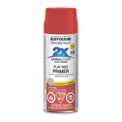 Front view of a 340g spray can of Rust-Oleum Painter's Touch 2X Ultra Cover Flat Red Primer with English branding and warning labels.