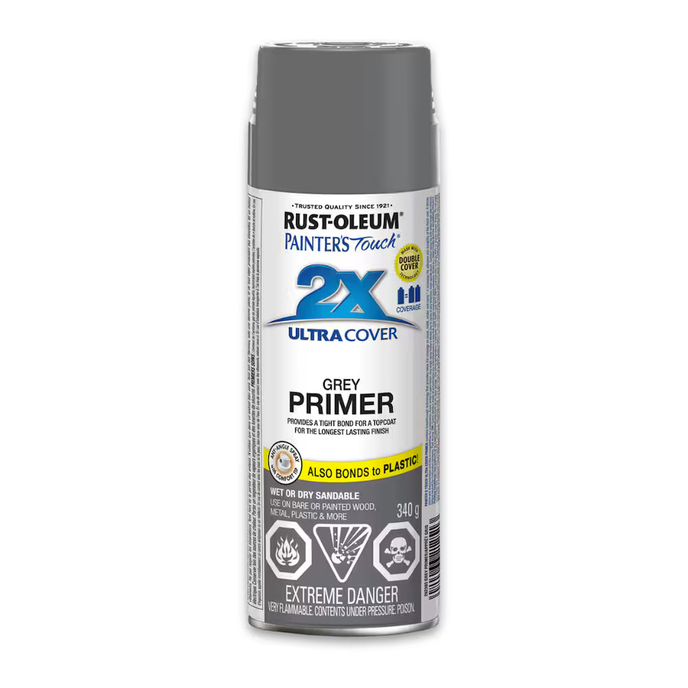 Front view of a 340g can of Rust-Oleum Painter's Touch 2X Ultra Cover Grey Primer spray paint with English product labels.