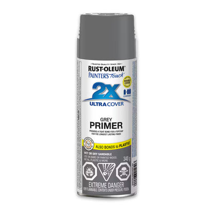 Front view of a 340g can of Rust-Oleum Painter's Touch 2X Ultra Cover Grey Primer spray paint with English product labels.