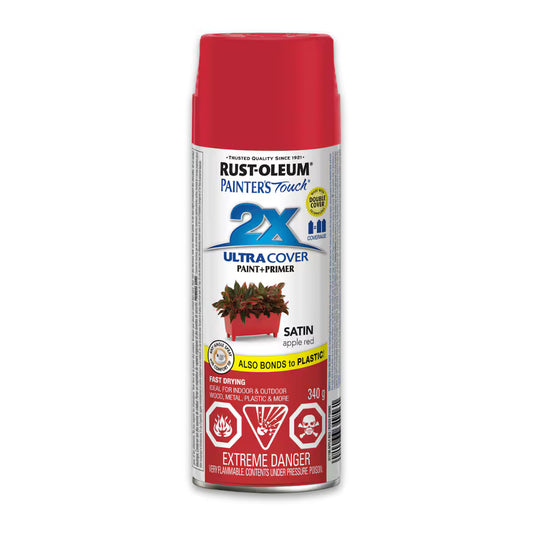 Rust-Oleum Painter's Touch 2X Ultra Cover satin apple red spray paint and primer 340g can bonds to plastic fast drying for wood metal and plastic indoor outdoor use