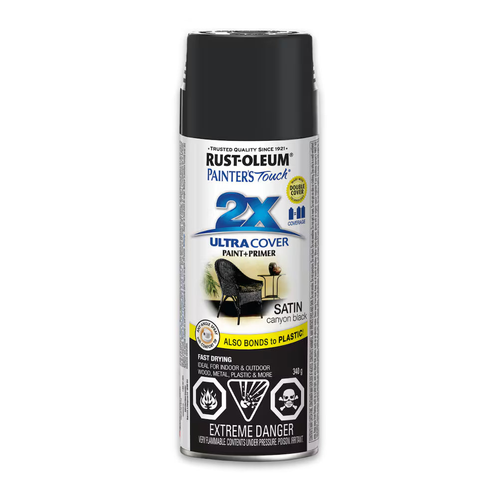 Rust-Oleum Painter's Touch 2X Ultra Cover satin canyon black spray paint and primer 340g can for wood metal plastic furniture indoor outdoor use