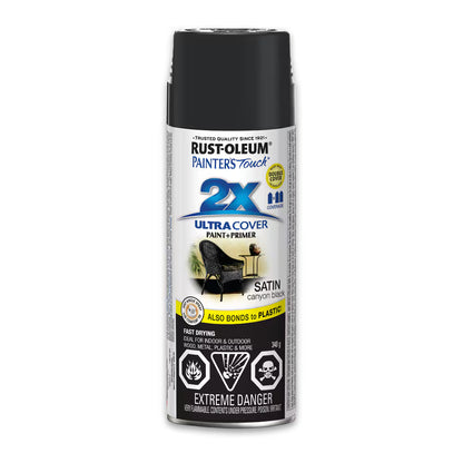 Rust-Oleum Painter's Touch 2X Ultra Cover satin canyon black spray paint and primer 340g can for wood metal plastic furniture indoor outdoor use
