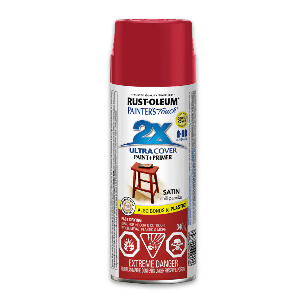Rust-Oleum Painter's Touch 2X Ultra Cover satin chili paprika red spray paint and primer 340g can bonds to plastic fast drying indoor outdoor
