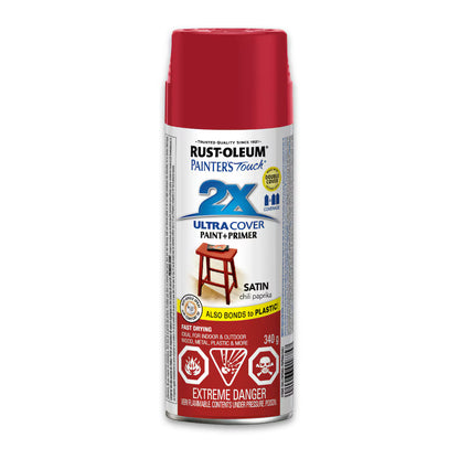 Rust-Oleum Painter's Touch 2X Ultra Cover satin chili paprika red spray paint and primer 340g can bonds to plastic fast drying indoor outdoor

