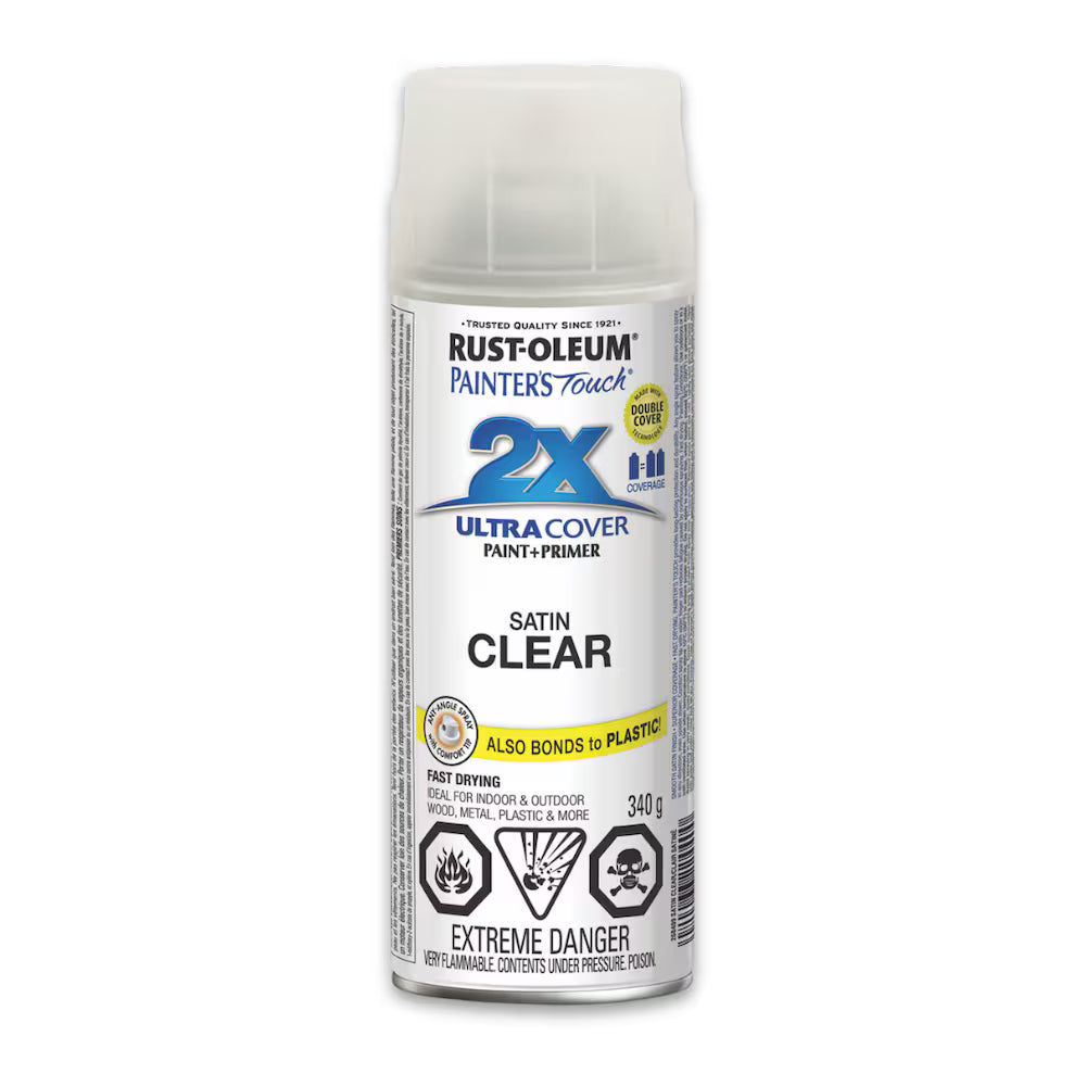 Rust-Oleum Painter's Touch 2X Ultra Cover satin clear transparent spray paint and primer 340g can for wood metal and plastic indoor outdoor