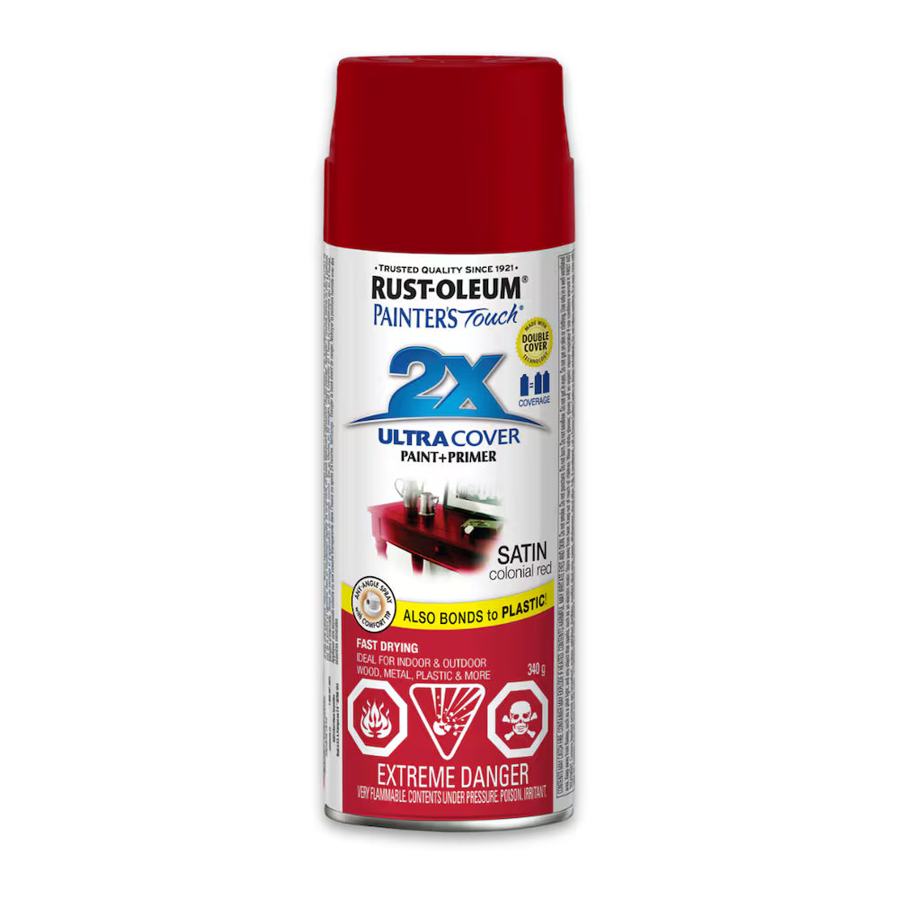 Rust-Oleum Painter's Touch 2X Ultra Cover satin colonial red spray paint and primer 340g can bonds to plastic fast drying indoor outdoor use