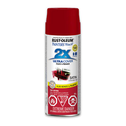 Rust-Oleum Painter's Touch 2X Ultra Cover satin colonial red spray paint and primer 340g can bonds to plastic fast drying indoor outdoor use