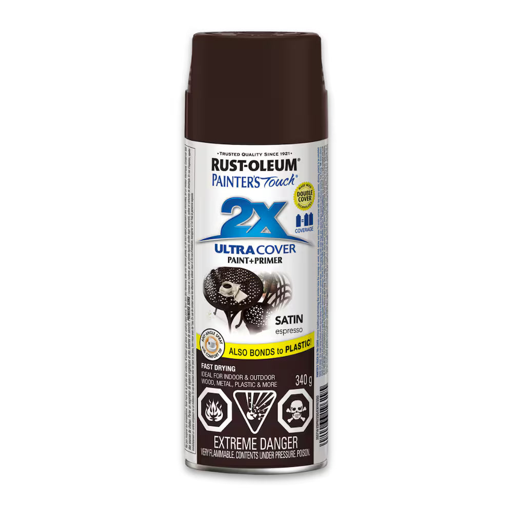 Rust-Oleum Painter's Touch 2X Ultra Cover satin espresso dark brown spray paint and primer 340g can for indoor outdoor wood metal plastic