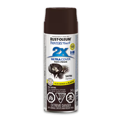 Rust-Oleum Painter's Touch 2X Ultra Cover satin espresso dark brown spray paint and primer 340g can for indoor outdoor wood metal plastic