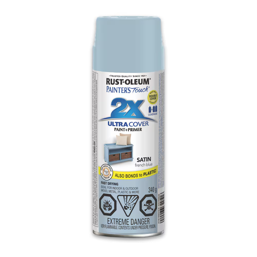 Rust-Oleum Painter's Touch 2X Ultra Cover satin French blue spray paint and primer 340g can for wood metal and plastic indoor outdoor use
