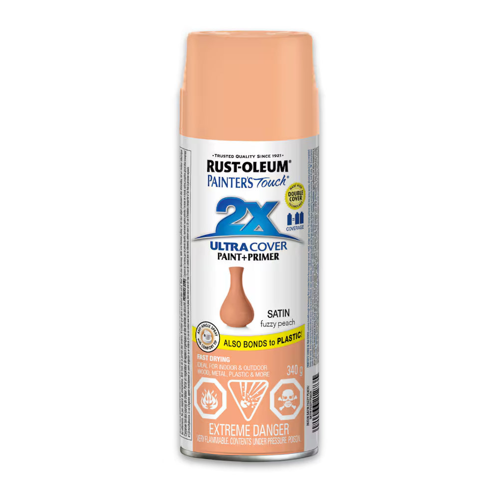 Rust-Oleum Painter's Touch 2X Ultra Cover satin fuzzy peach spray paint and primer 340g can bonds to plastic fast drying indoor outdoor use