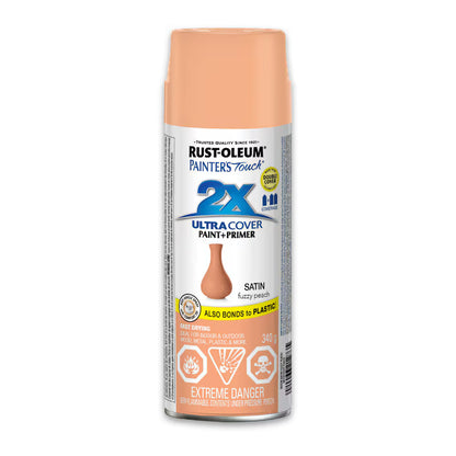 Rust-Oleum Painter's Touch 2X Ultra Cover satin fuzzy peach spray paint and primer 340g can bonds to plastic fast drying indoor outdoor use