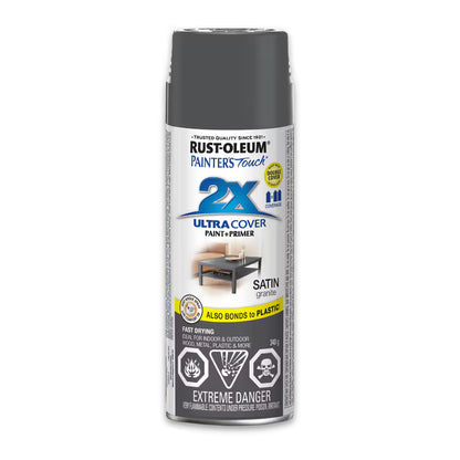 Rust-Oleum Painter's Touch 2X Ultra Cover satin granite grey spray paint and primer 340g can fast drying bonds to plastic wood and metal