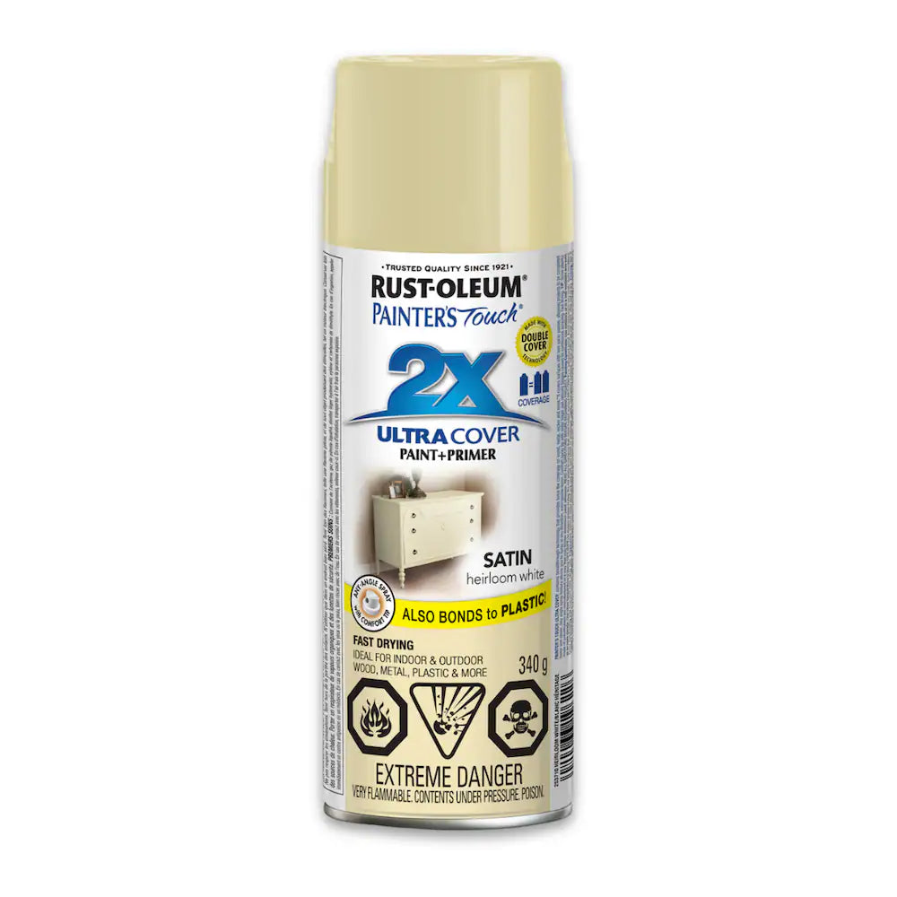 Rust-Oleum Painter's Touch 2X Ultra Cover satin heirloom white spray paint and primer 340g can for furniture wood metal and plastic surfaces