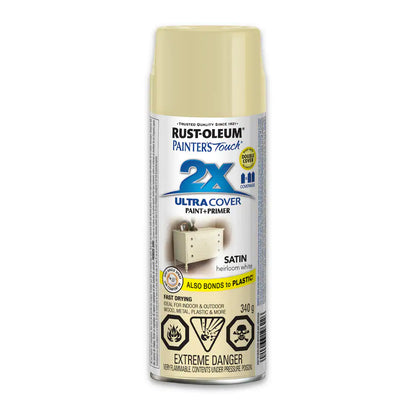 Rust-Oleum Painter's Touch 2X Ultra Cover satin heirloom white spray paint and primer 340g can for furniture wood metal and plastic surfaces