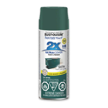 Rust-Oleum Painter's Touch 2X Ultra Cover satin hunt club green spray paint and primer 340g can for indoor outdoor wood metal and plastic

