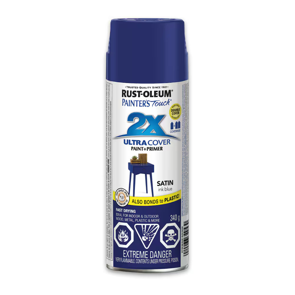 Rust-Oleum Painter's Touch 2X Ultra Cover satin ink blue spray paint and primer 340g can for indoor outdoor wood metal and plastic projects