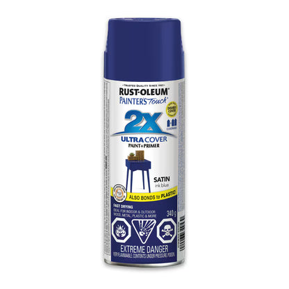 Rust-Oleum Painter's Touch 2X Ultra Cover satin ink blue spray paint and primer 340g can for indoor outdoor wood metal and plastic projects