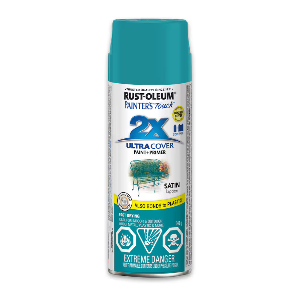 Rust-Oleum Painter's Touch 2X Ultra Cover satin lagoon teal spray paint and primer 340g can bonds to plastic fast drying indoor outdoor