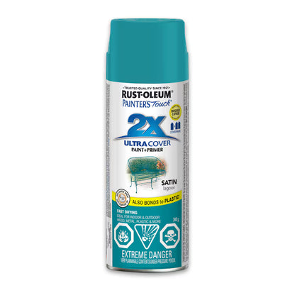 Rust-Oleum Painter's Touch 2X Ultra Cover satin lagoon teal spray paint and primer 340g can bonds to plastic fast drying indoor outdoor