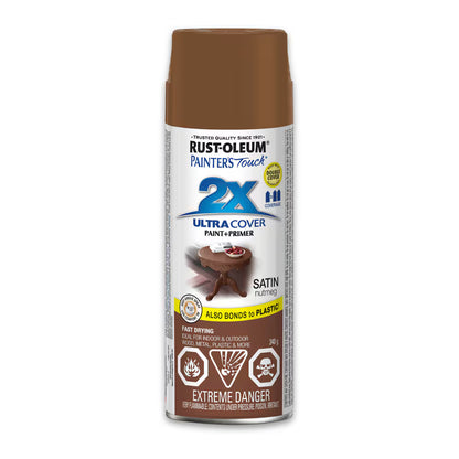 Rust-Oleum Painter's Touch 2X Ultra Cover satin nutmeg warm brown spray paint and primer 340g can bonds to plastic fast drying indoor outdoor